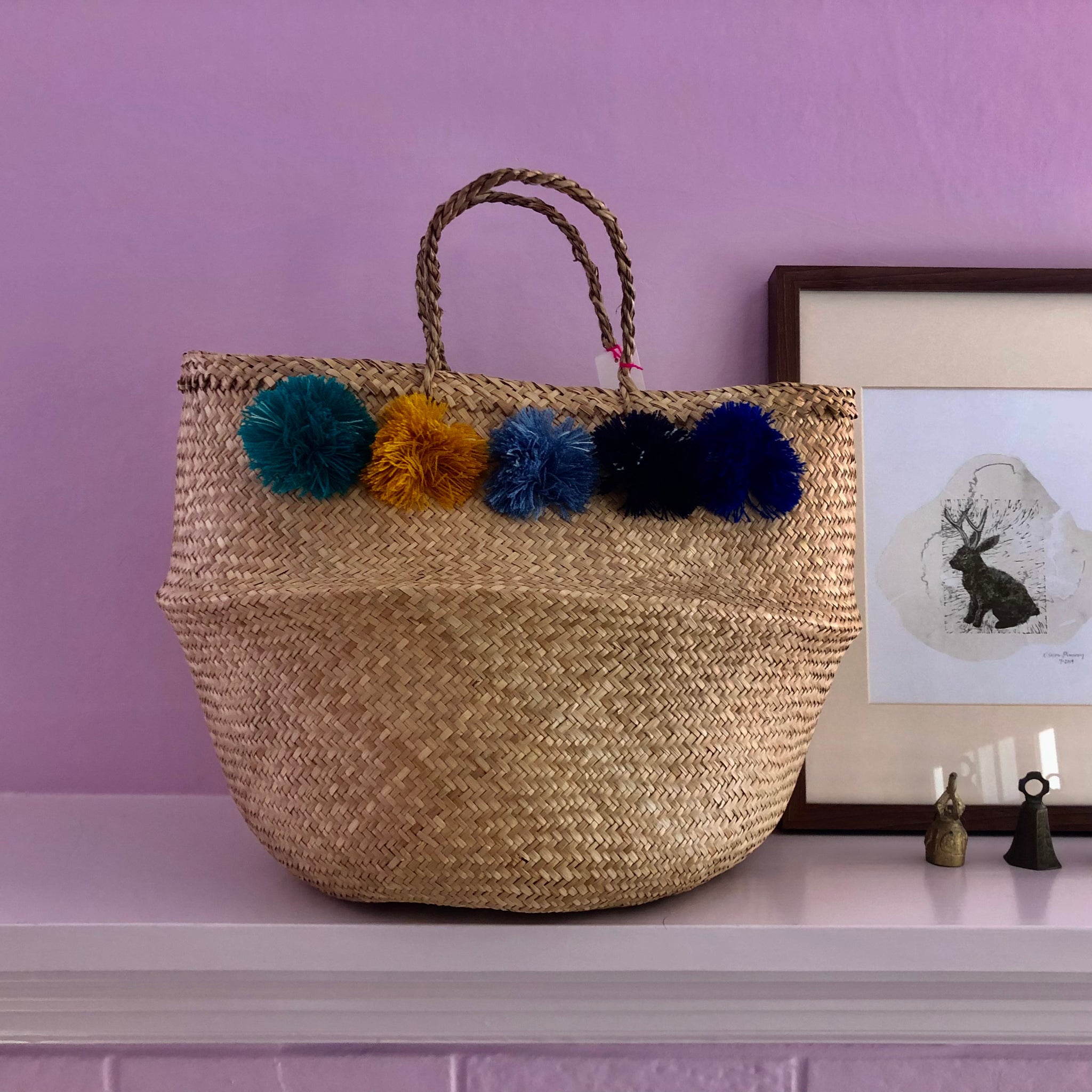 Large Venice Eliza Gran Pom Pom Basket in blues & gold