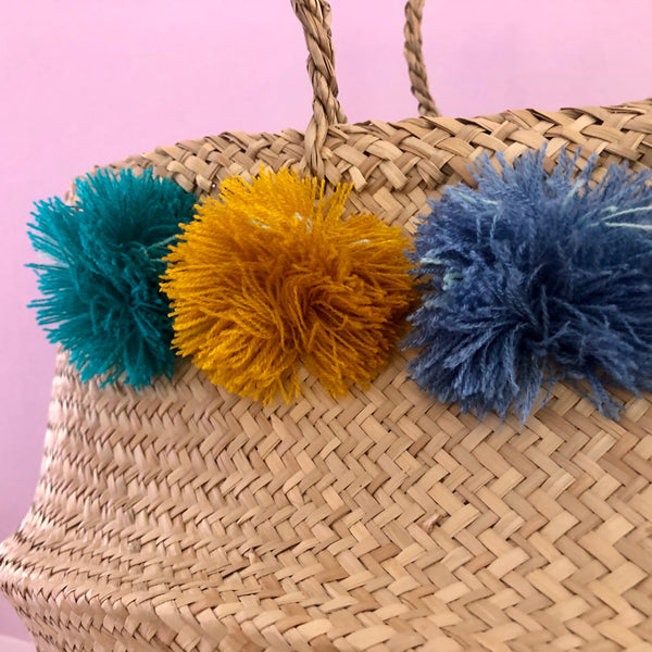 Large Venice Eliza Gran Pom Pom Basket in blues & gold