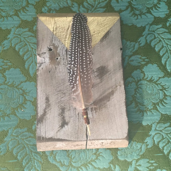 Floating Feather on Reclaimed Wood