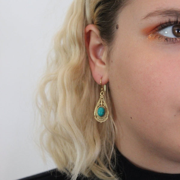 Brass + Turquoise filigree teardrops
