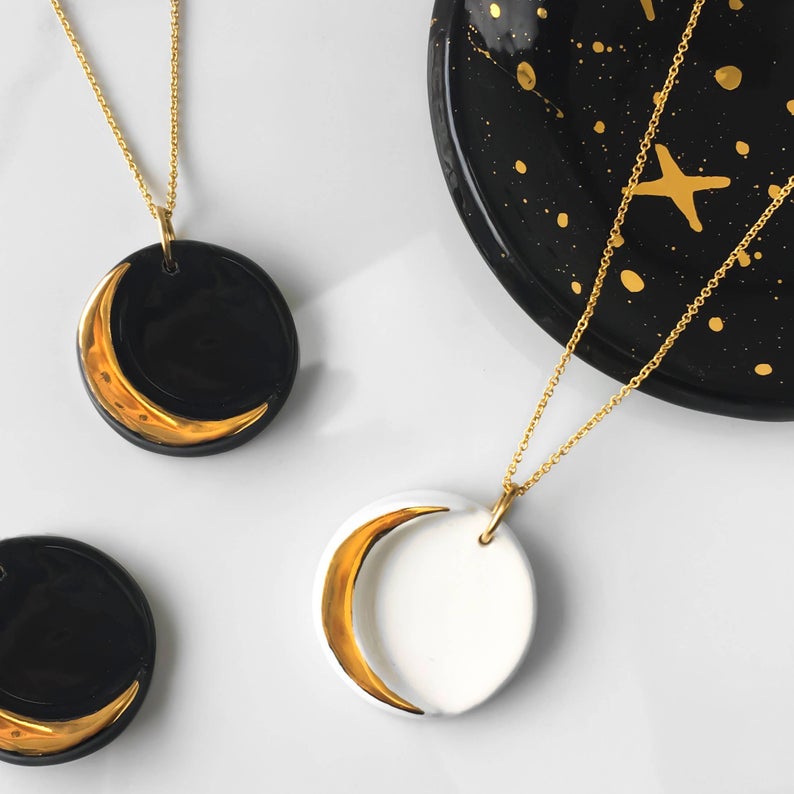 Black & Gold Crescent Moon Necklace
