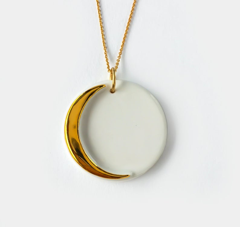 Gold & White Crescent Moon Necklace